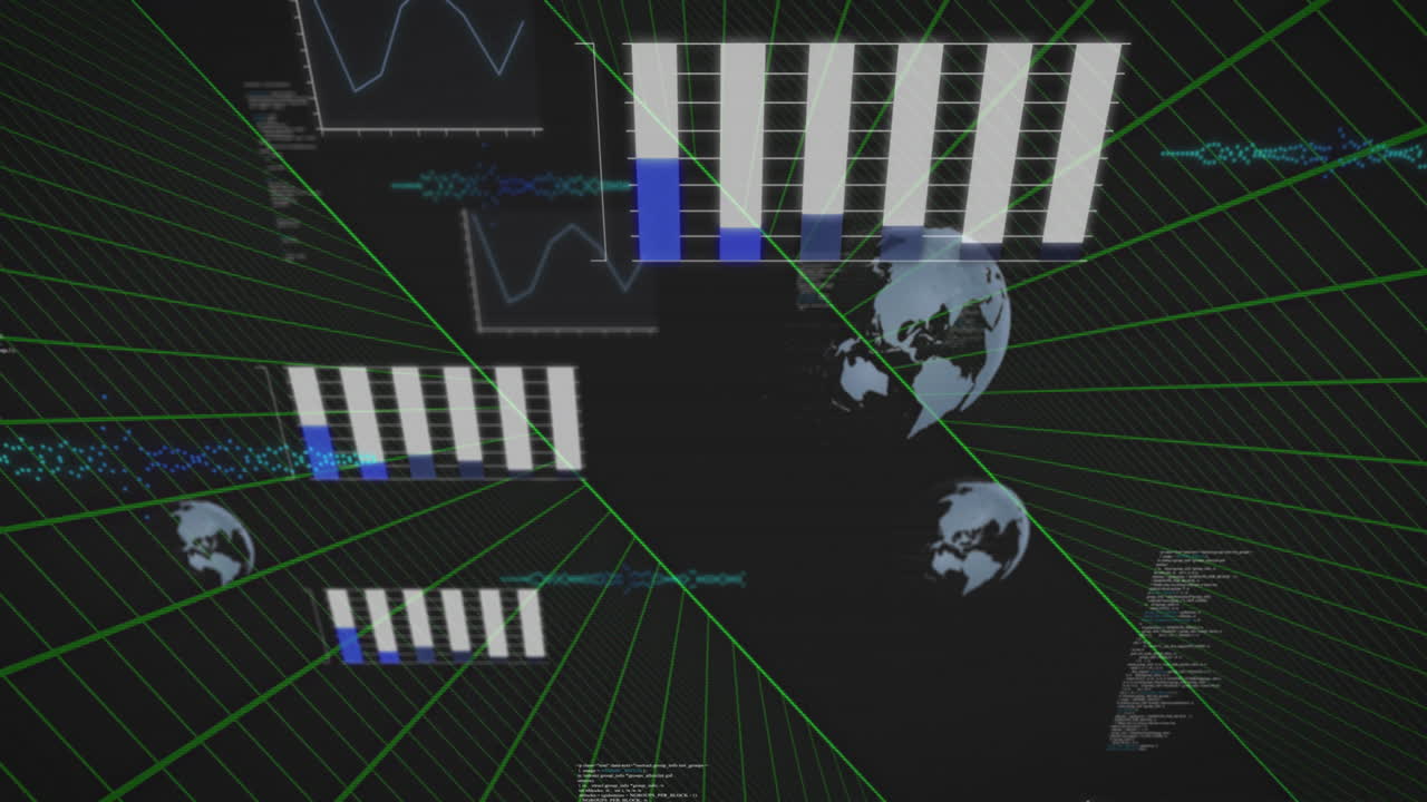 Digital data charts and graphs with green grid lines over globe animation