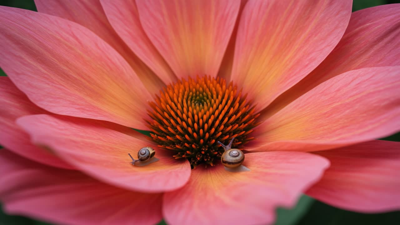 Two Snails Gracefully Exploring the Center of a Beautiful Pink Flower, Showcasing Nature's Intricacies and the Harmony Between Small Creatures and Flora