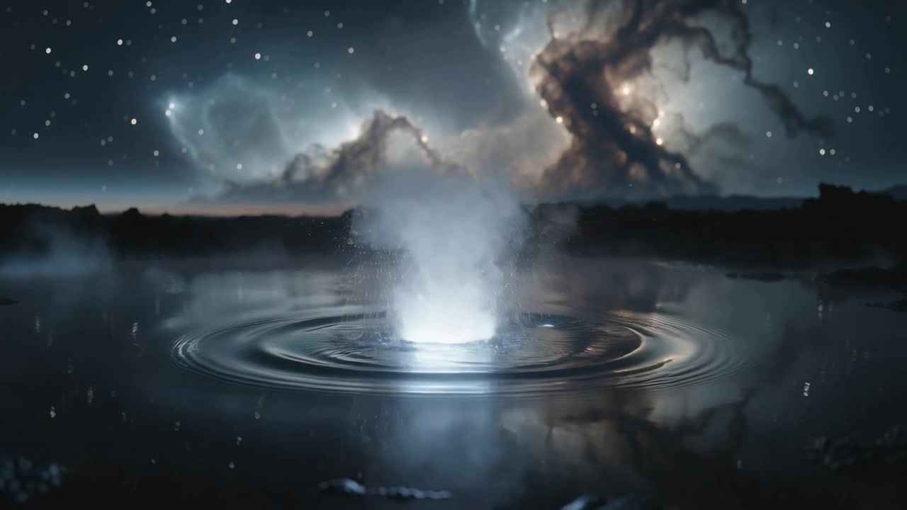 Rising plume below glowing water and sending concentric ripples across calm lake