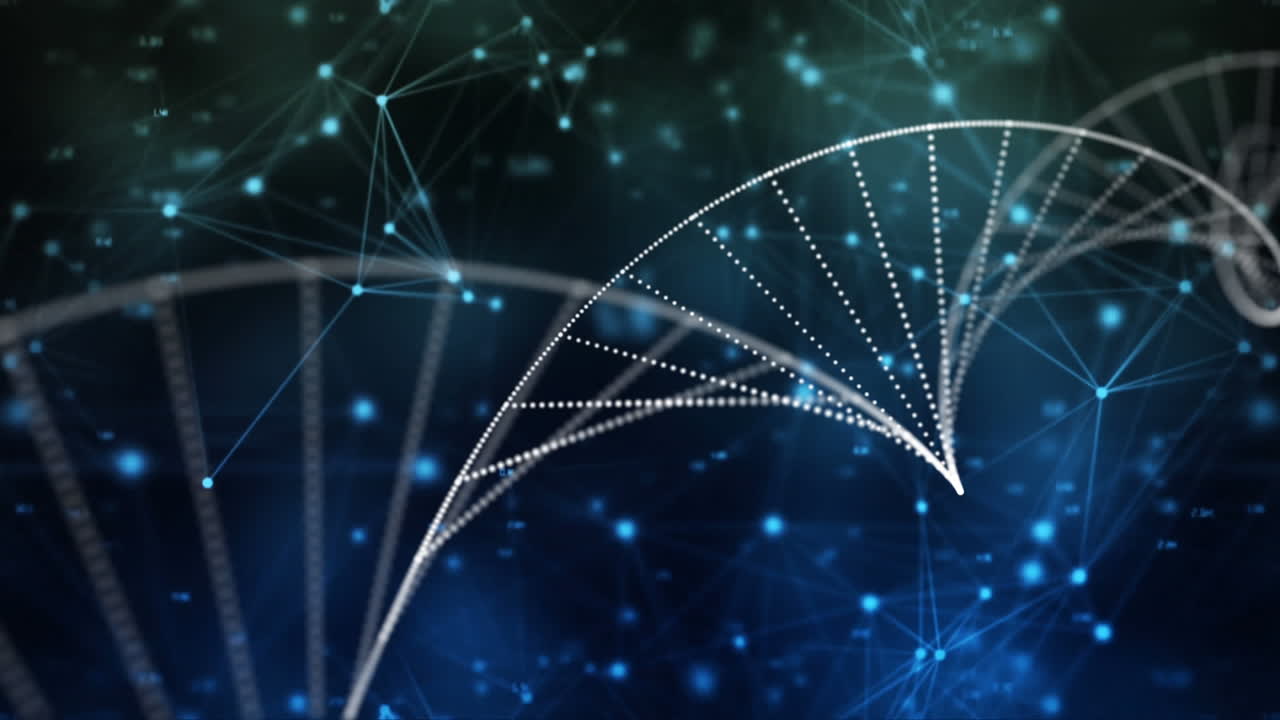 DNA structure forming against glowing network of connections on black ...
