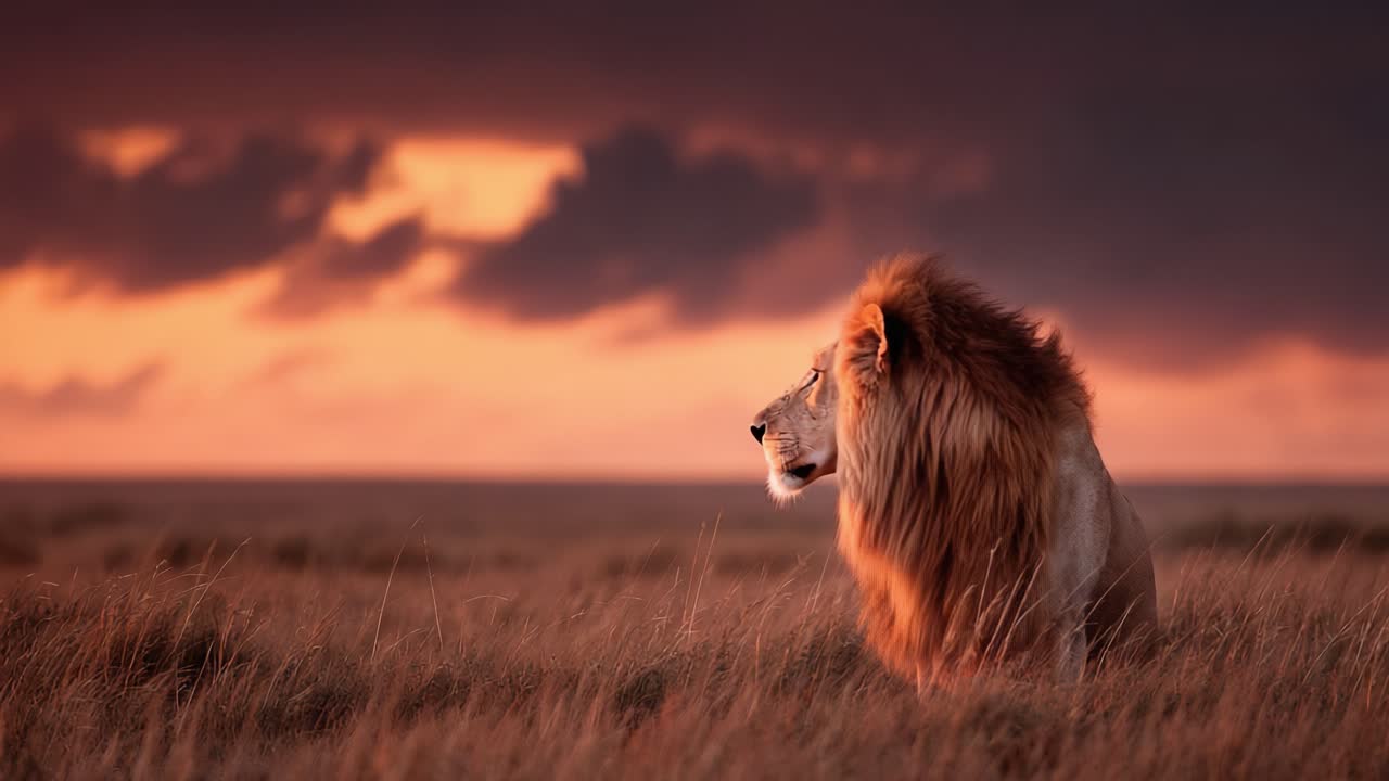 A Majestic Lion at Sunset: The King of the Savanna Prowls Gracefully Amidst A Golden Landscape, Embodying Power and Serenity in Nature's Splendor