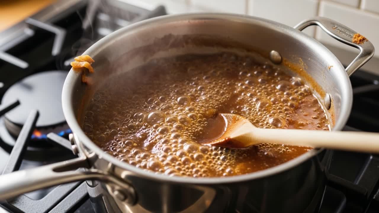 Cooking a Delicious Sauce: A Bubbling Pot on the Stovetop, Stirred with a Wooden Spoon, Capturing the Essence of Culinary Artistry and Flavor Development