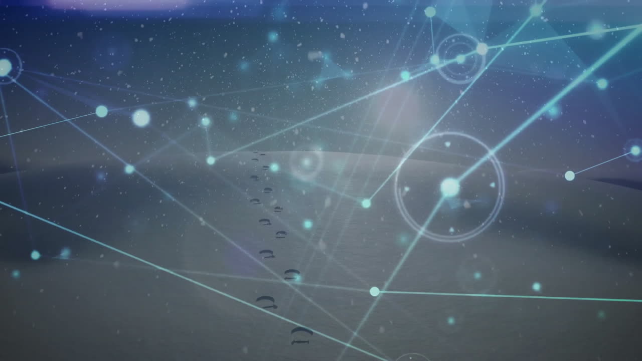 Digital network overlay being animated over dark surface featuring neon-blue nodes, HUD, particles