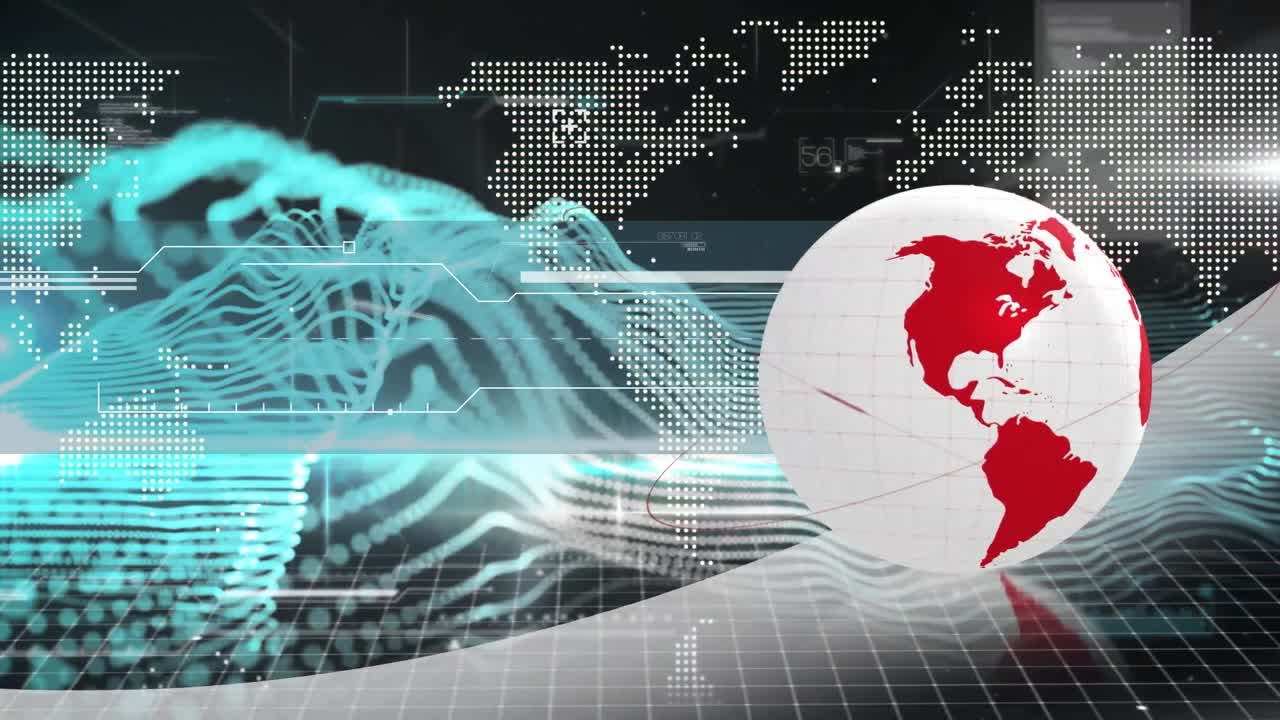 animación de un globo rojo y blanco giratorio y procesamiento de datos con un mapa del mundo en negro