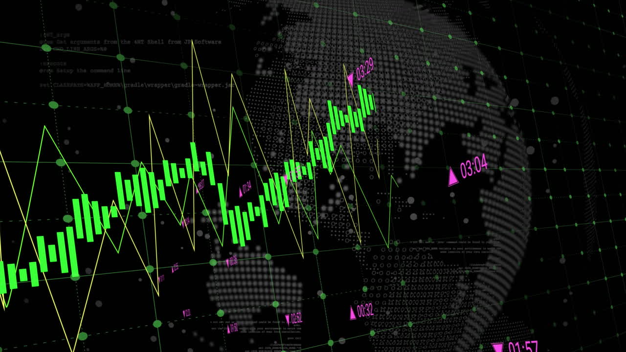 검은 바탕에 회전하는 지구 위의 데이터 처리의 애니메이션
