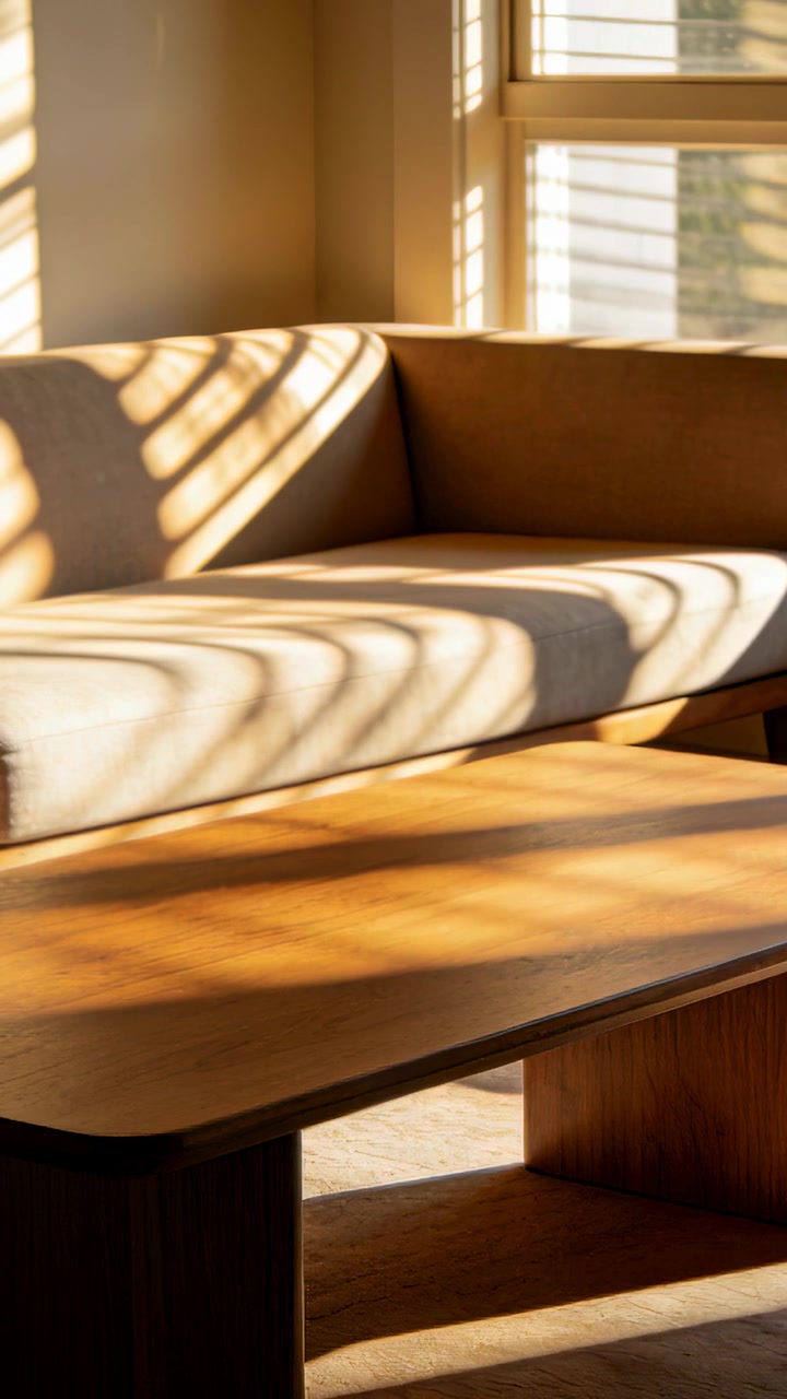 Vertical video: Shifting sun through blinds casting bands across beige sofa and wood table at home
