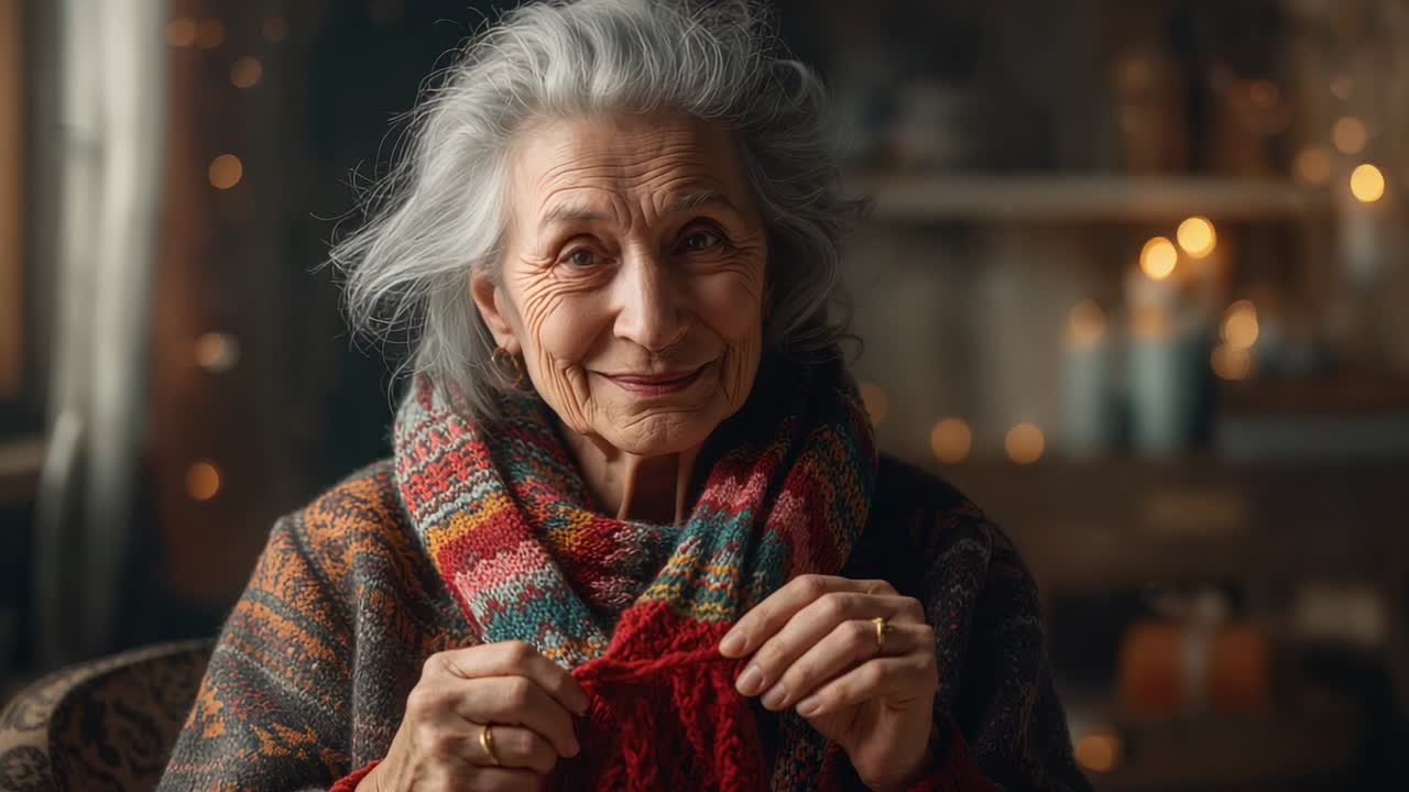 Picking up needles senior woman knitting red yarn in living room wearing striped scarf finding calm