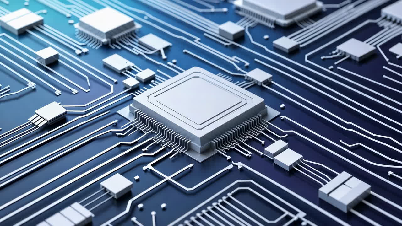 Close-up of a Modern Circuit Board with Microchips and Glowing Pathways