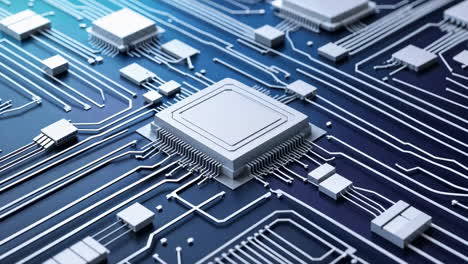 close-up of a modern circuit board with microchips and glowing pathways