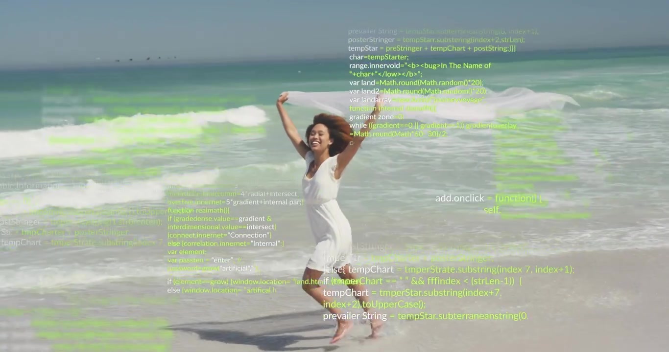 Stepping into surf, woman lifting scarf running shoreline while code lines animating tech demo