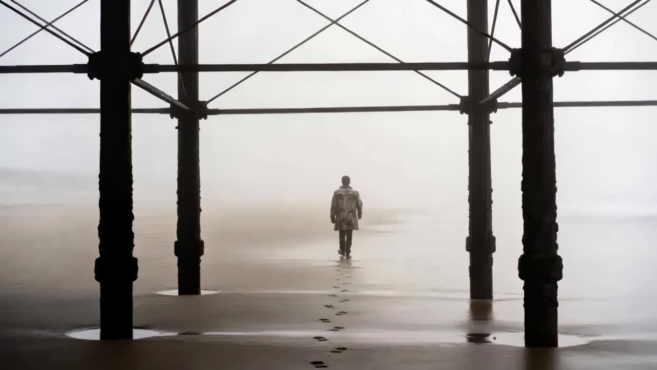 Hombre caminando con abrigo avanzando hacia un horizonte brumoso bajo un muelle, dejando huellas en la arena mojada.