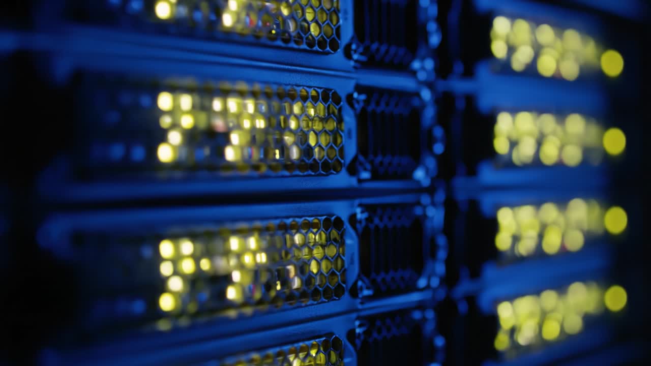 An Intricate View of a Server Rack Illuminated with Vibrant LED Lights, Highlighting the Complex Technology Inside Modern Data Centers