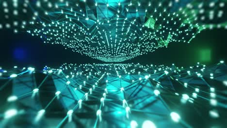 animation of glowing green and blue mesh of light trails moving on black background