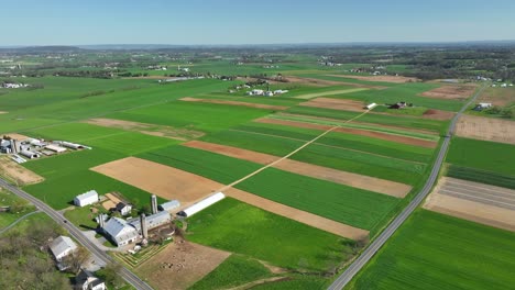 Different-colored-farm-fields-with-cultivation-during-Sunny-day-in-spring