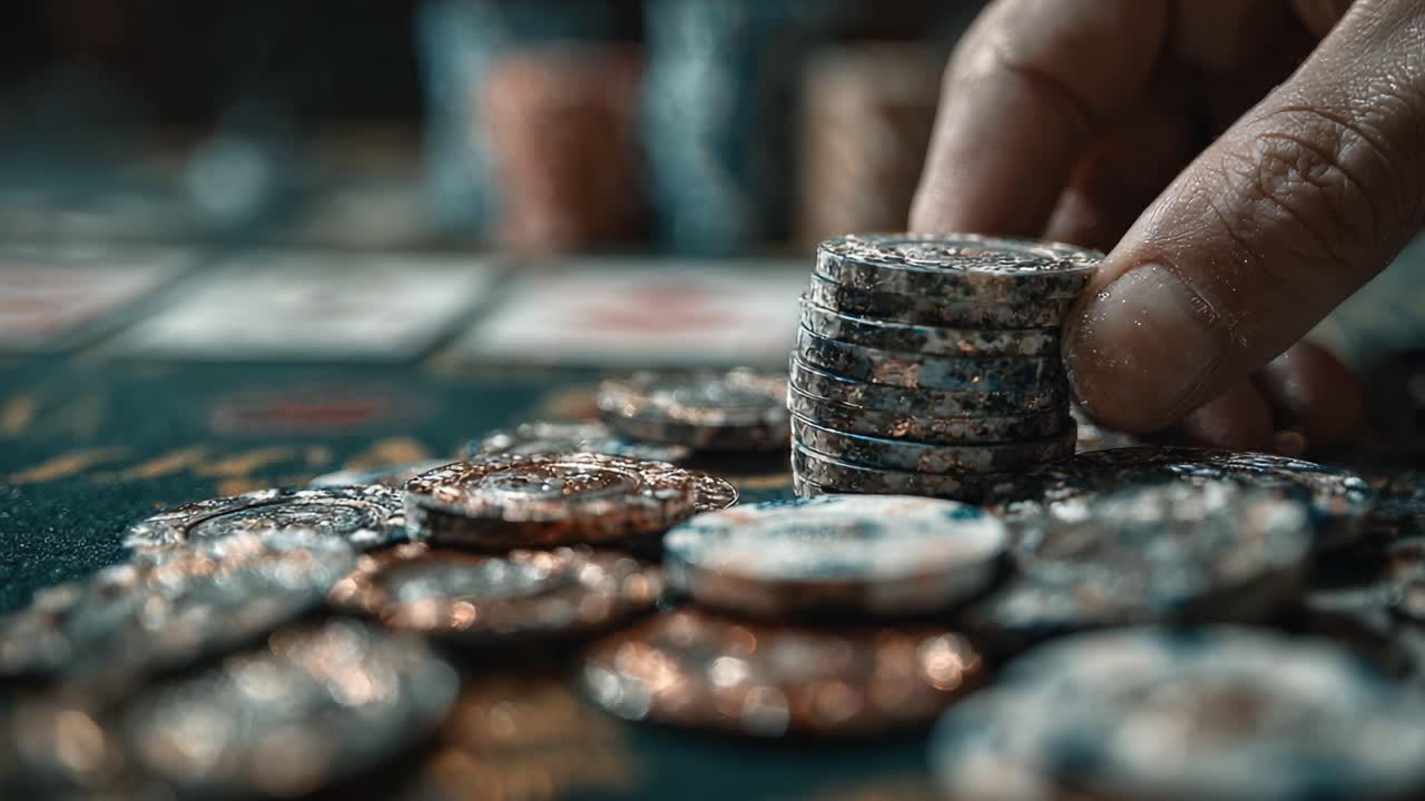 A Close-Up Investigation of Stacked Gaming Chips on a Casino Table, Capturing the Tension and Strategy of a Game in Progress with an Intriguing Focus on Winning Techniques