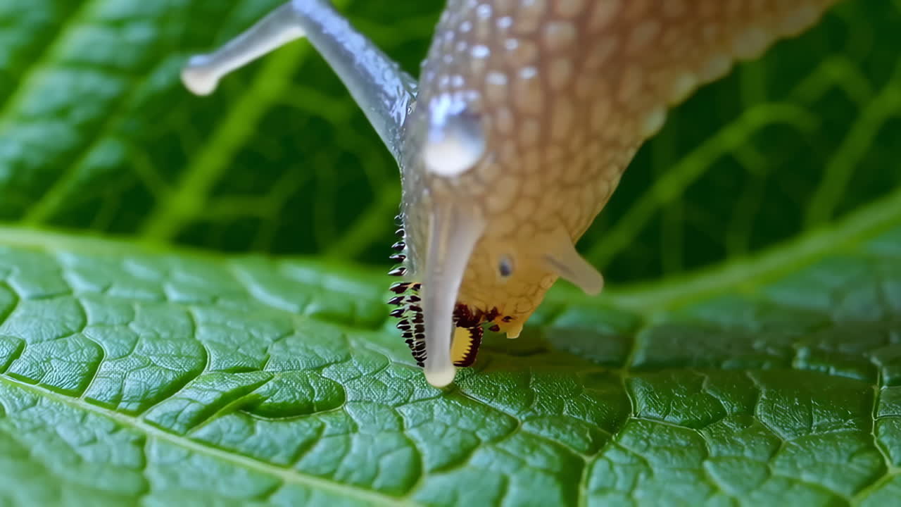 Close-up of a Snail on a Green Leaf
