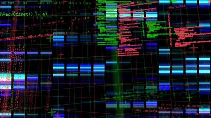 Animation of moving columns over data processing on black background