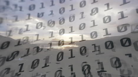 Binary digits flowing across dawn coastal panorama, creating translucent digital overlay effect