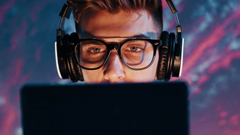 young man working on laptop at sunset