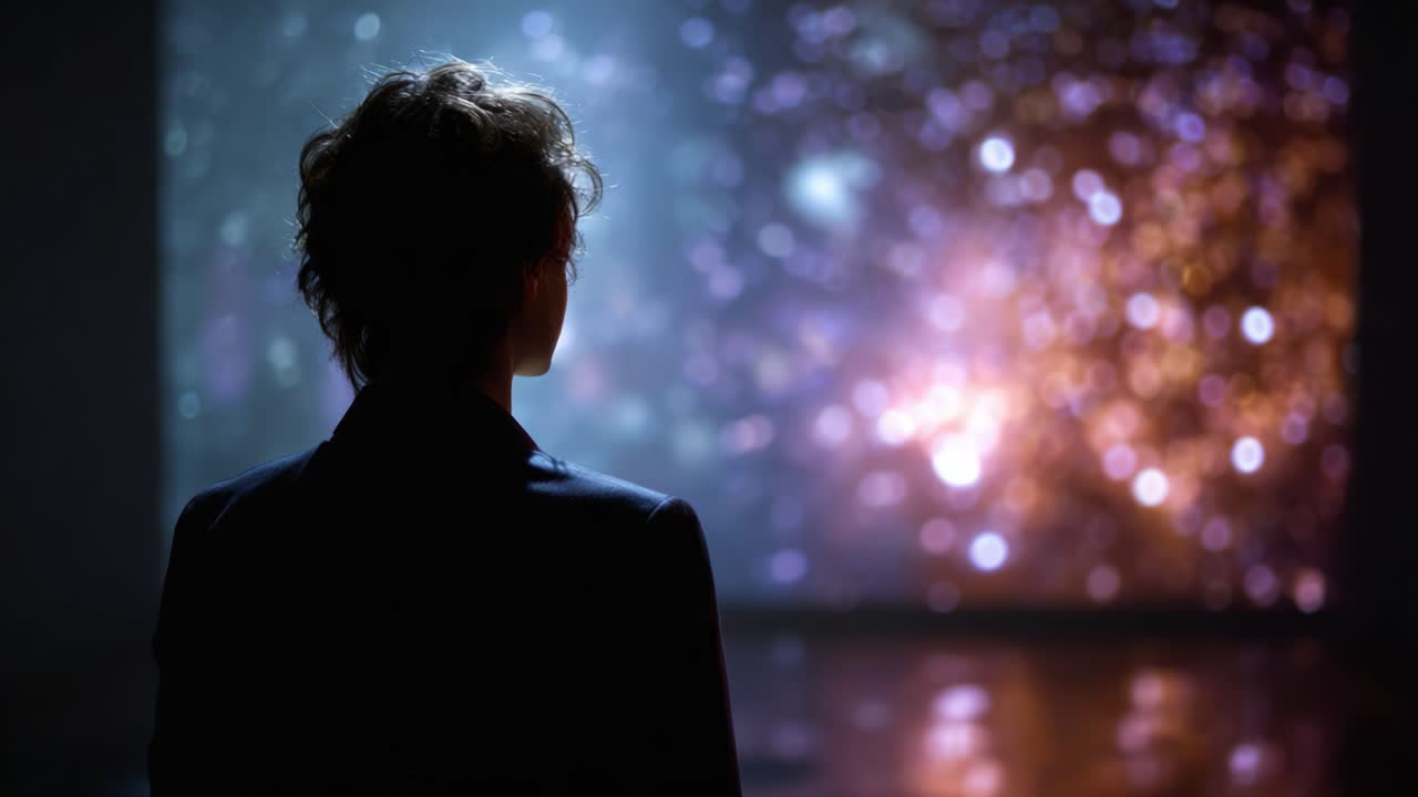 A contemplative figure gazes into an artistic display of colorful, shimmering lights, evoking a sense of wonder and introspection in a visually stunning environment