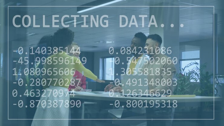 Animation of data processing over diverse business people working in office