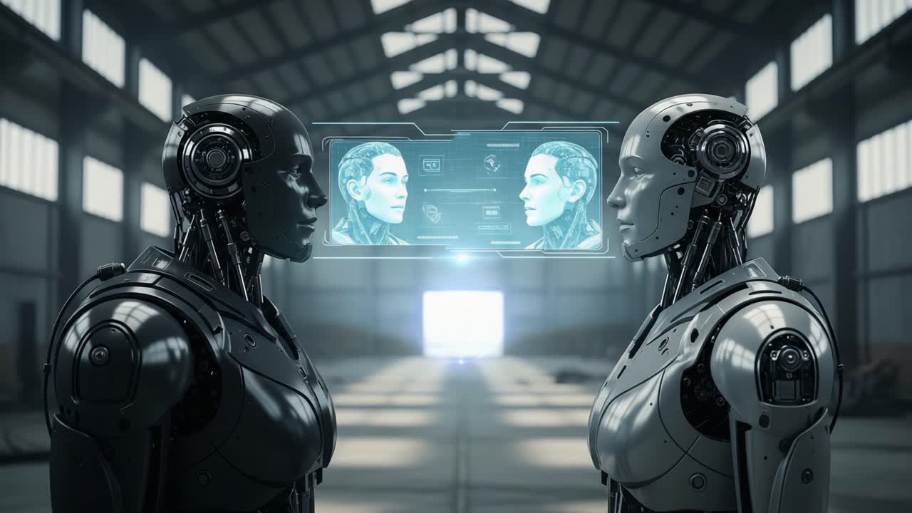 Two Advanced Humanoid Robots Engaging in a Futuristic Interface Discussion, Displaying Digital Profiles and Emphasizing Artificial Intelligence Interaction in a Spacious, Industrial Environment