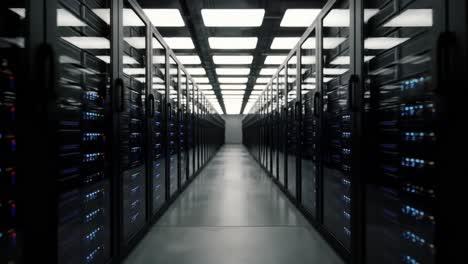 a stunning visual journey through an expansive data center, featuring rows of sleek servers that illuminate a high-tech environment with their blue leds