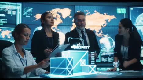 A Collaborative Team in a High-Tech Command Center Analyzing Data and Discussing Strategic Decisions Using Advanced Technology Visualizations