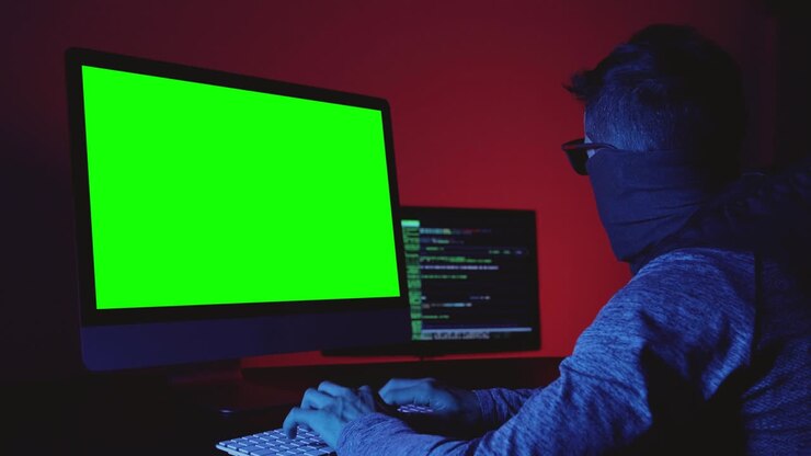Mand med tildækket ansigt foran to computerskærme.