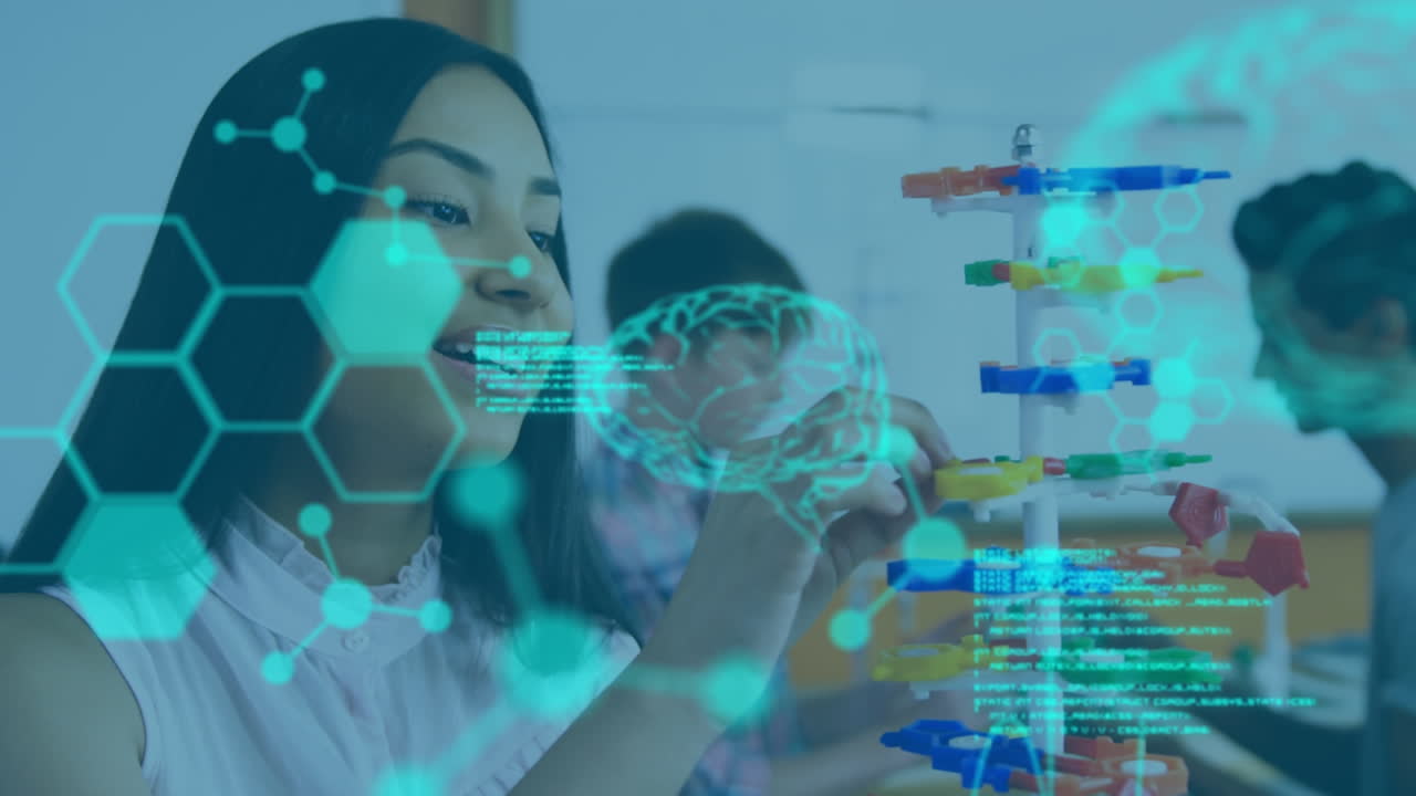 animación del procesamiento de datos sobre una estudiante biracial con modelo