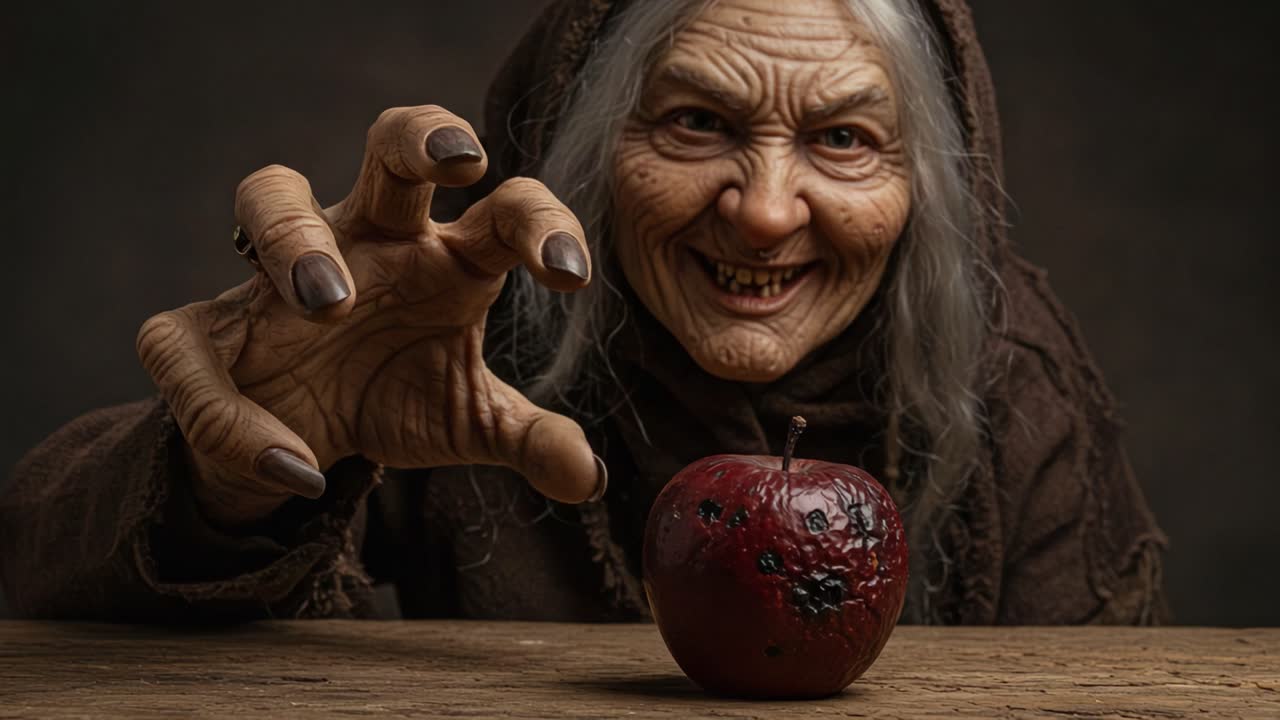 An Enigmatic Old Woman Reaches for a Manchurian Apple, Evoking a Sense of Mystery and Intrigue in a Dark, Atmospheric Setting, Perfect for a Horror Narrative