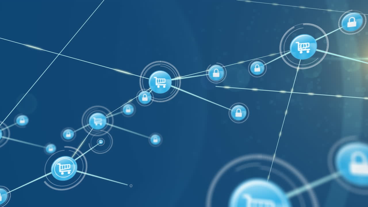 animación de la red de conexiones con iconos sobre senderos de luz sobre fondo azul