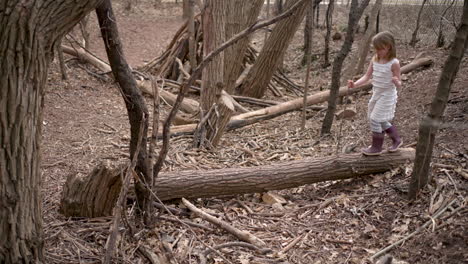 Kleines-Mädchen-Balanciert-Auf-Einem-Baumstamm-Im-Wald