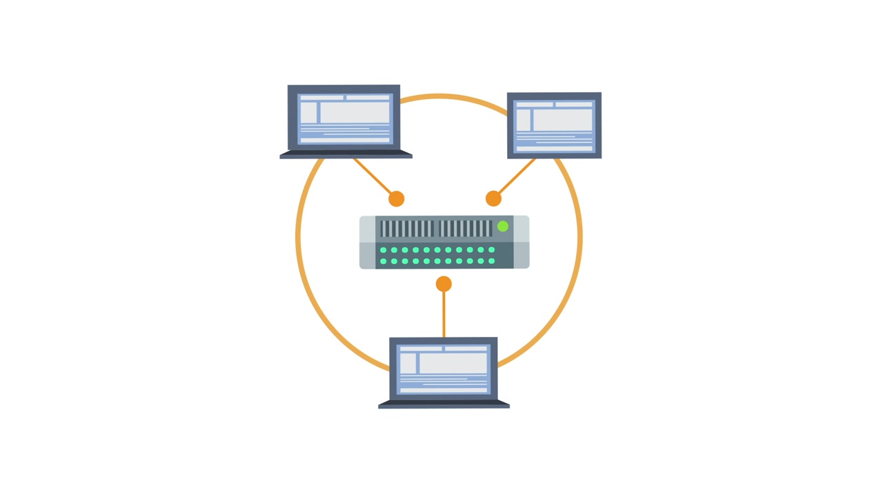 Animated Server Connecting Multiple Laptops in a Network