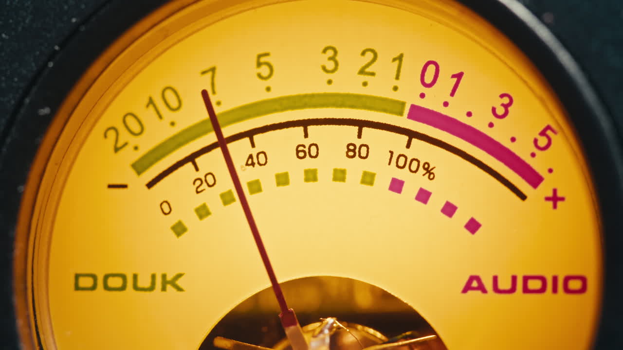 하이파이 증폭기: 고전적인 사운드 패널에서 오디오 신호 수준을 모니터링하는 오디오 콘솔, 화살표와 함께 클로즈업 아날로그 신호 지표