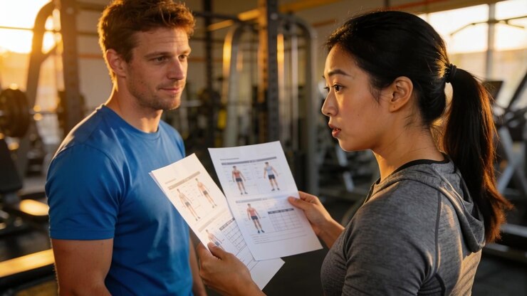 Presenting workout sheets trainer explaining exercises at gym to client in blue tee to plan workout