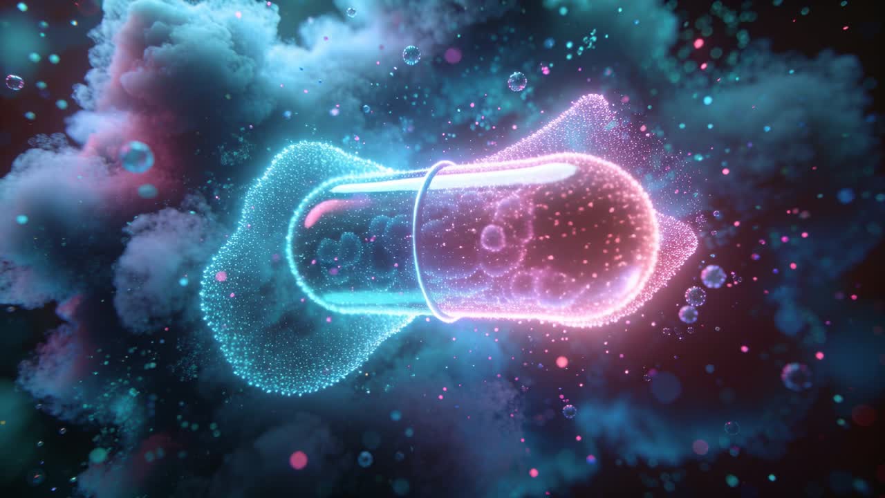 Vertical video: Seam splitting capsule rotating in nebula, releasing bright core and particle wings
