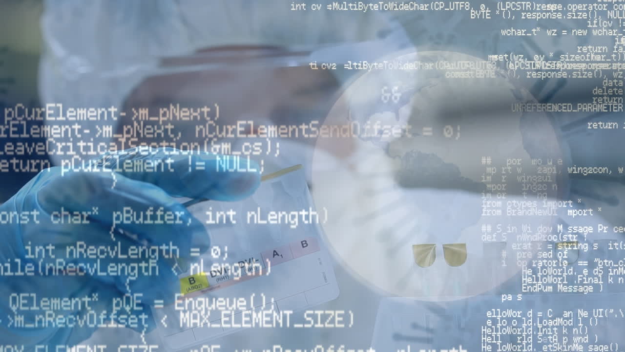 데이터 처리 및 바이러스 세포의 애니메이션 백인 남성 실험실 직원과  ⁇ 플