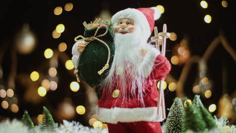 traditional santa claus figure gracefully rotating with a sack and ski poles, set against a backdrop of twinkling christmas lights
