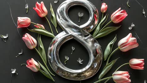 international women's day celebration with metallic number 8 and tulips