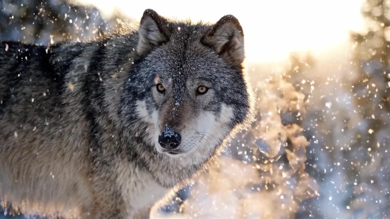 Gün Doğumunda Karlı Bir Manzarada Duran Görkemli Bir Kurt, Sabah Işığı Arka Planda Çam Ağaçlarıyla Kış Manzarasını Aydınlatırken Buhar Çıkarıyor
