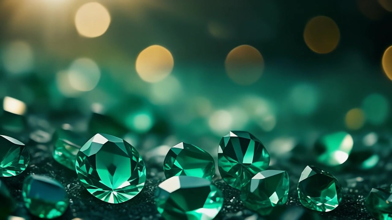 Close-up of Sparkling Green Gemstones on Dark Surface