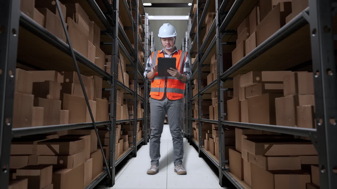cuerpo lleno de ingeniero masculino asiático con casco de seguridad trabajando en una tableta mientras estaba de pie en el almacén con estantes llenos de bienes de entrega