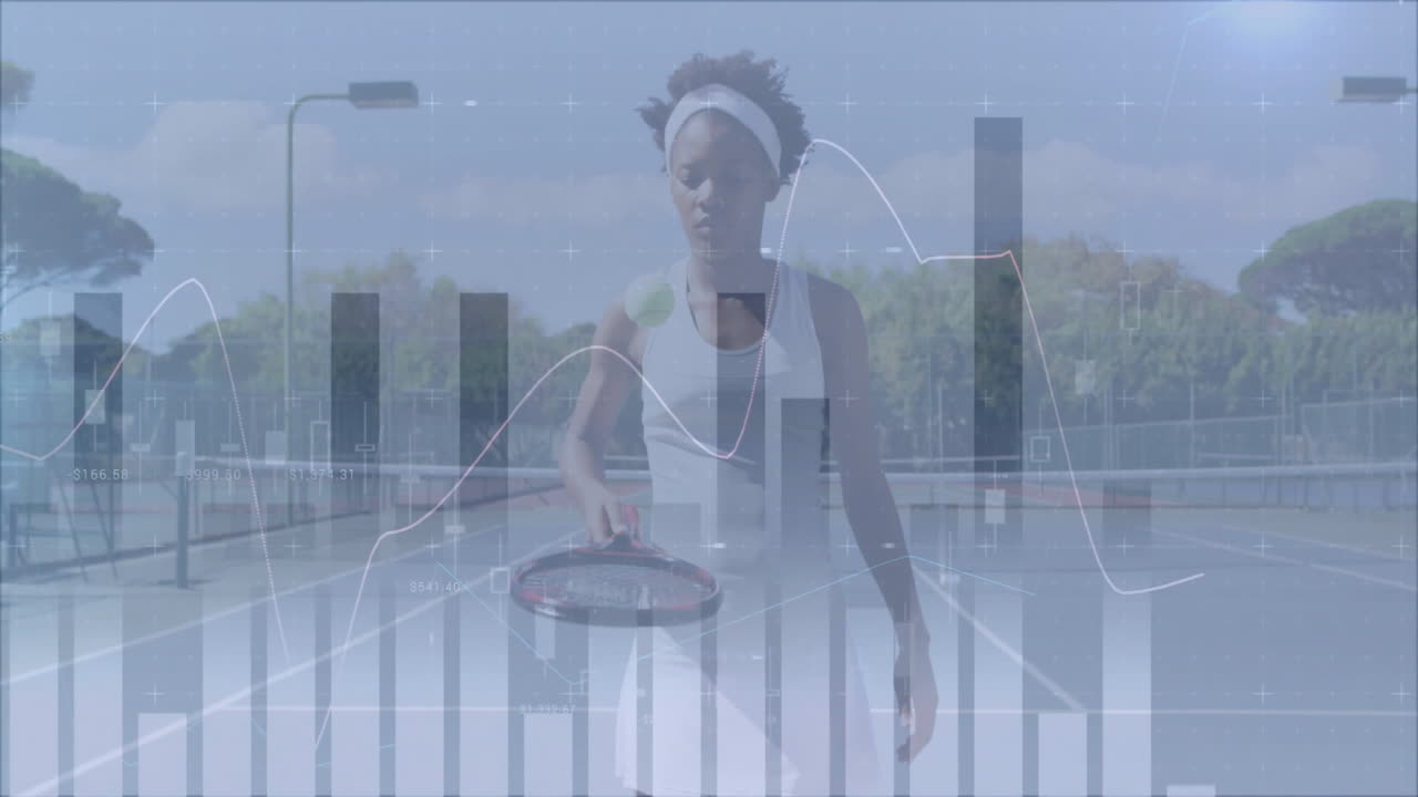 Woman bouncing tennis ball on outdoor court, animated finance charts and line graphs showing growth