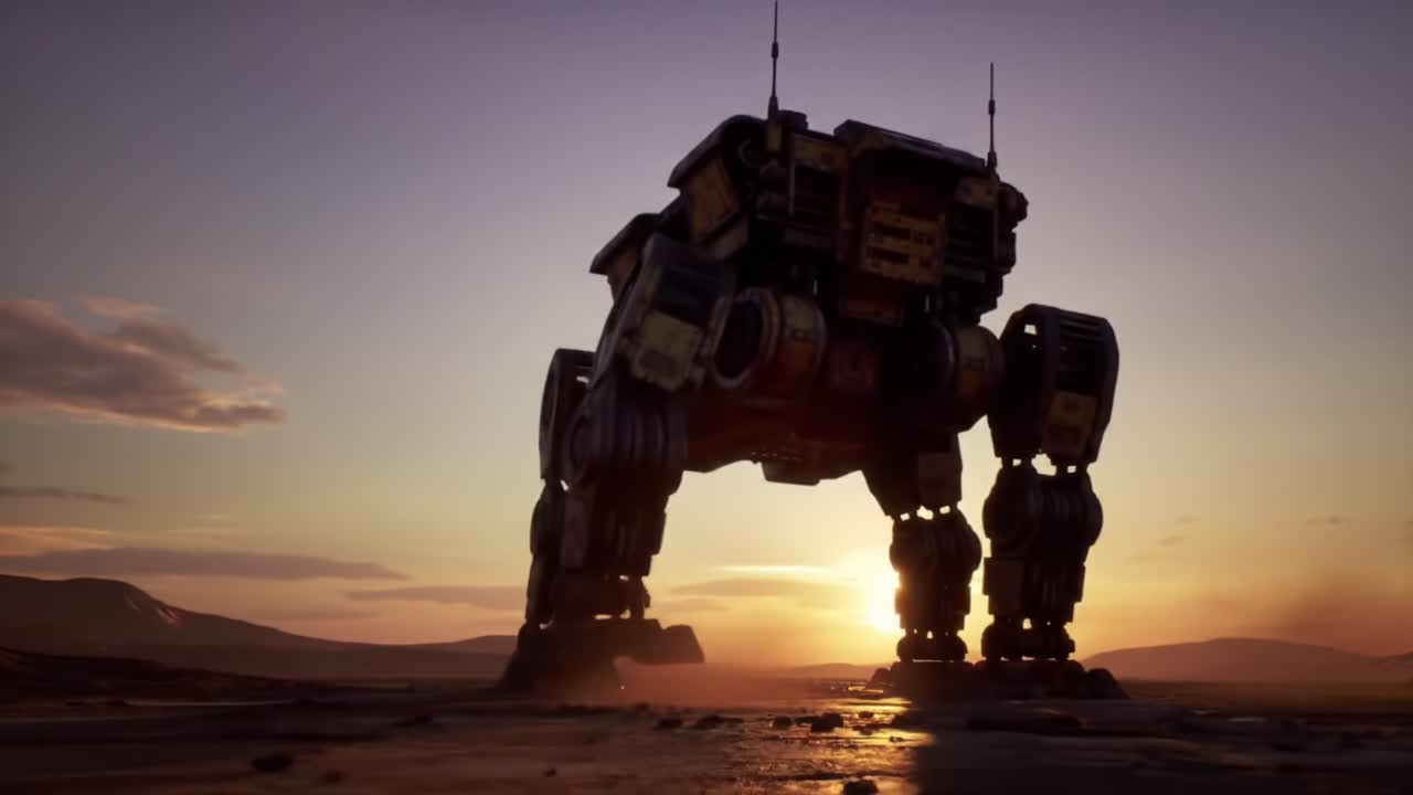 A Majestic Robotic Behemoth Stands Silhouetted Against a Golden Sunset in an Expansive Landscape, Showcasing Futuristic Design and Engineering Marvel.