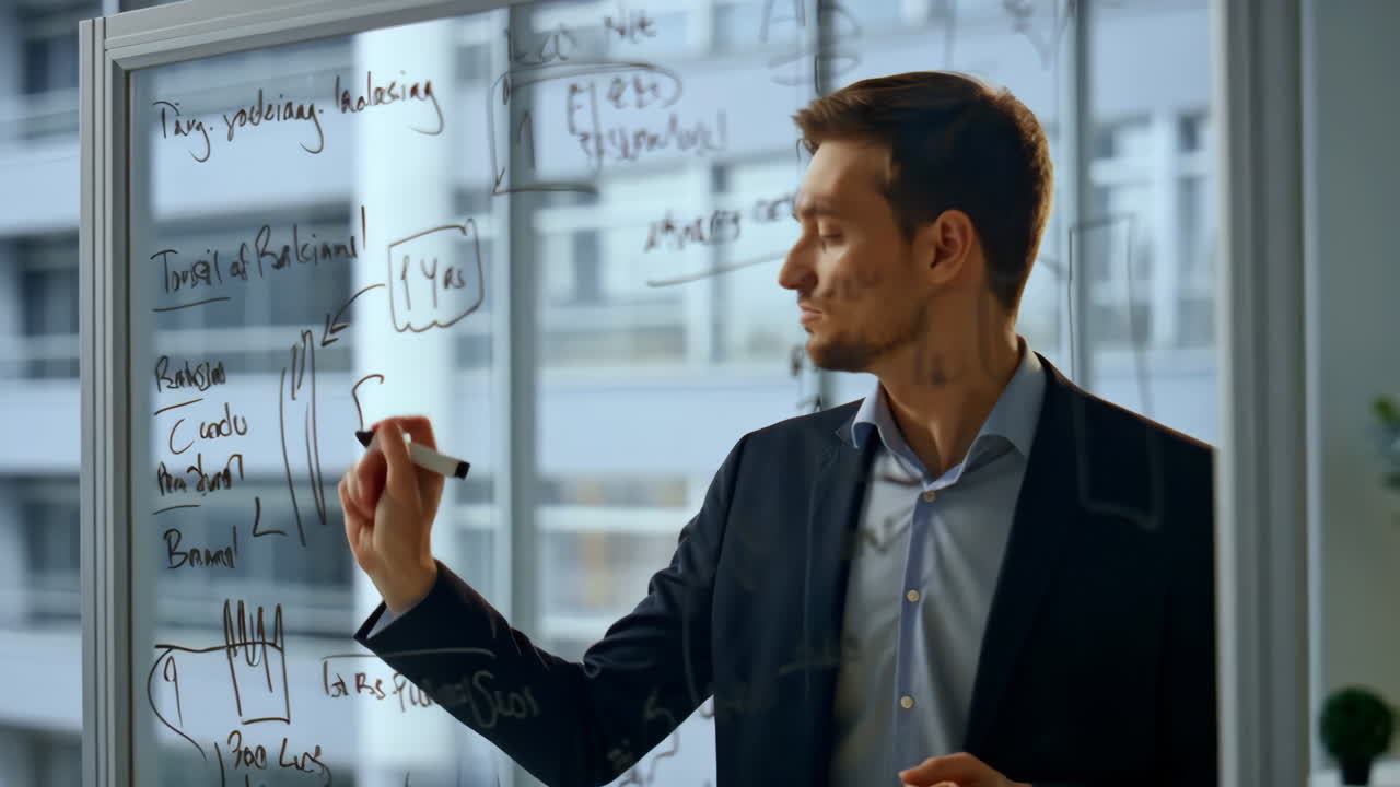 Businessman Planning On Glass Board