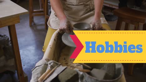animation of hobbies text over caucasian man forming pottery
