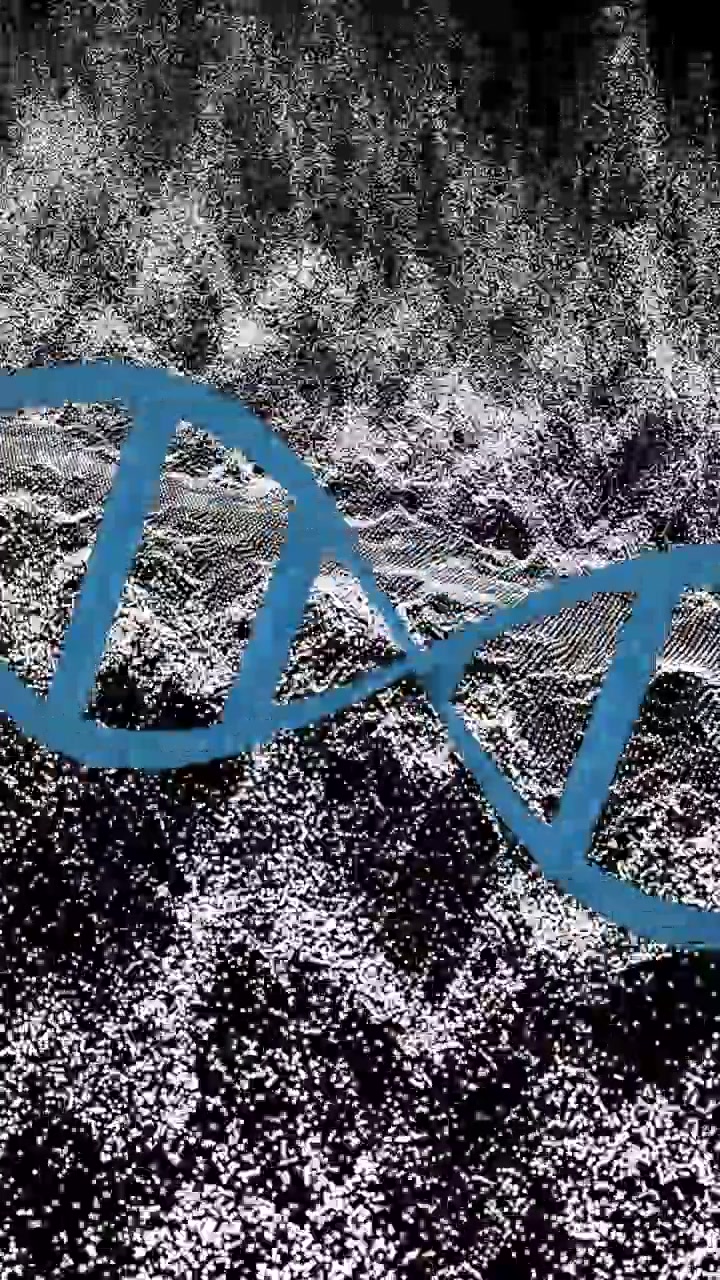 Animation of white mesh over dna strand on black background
