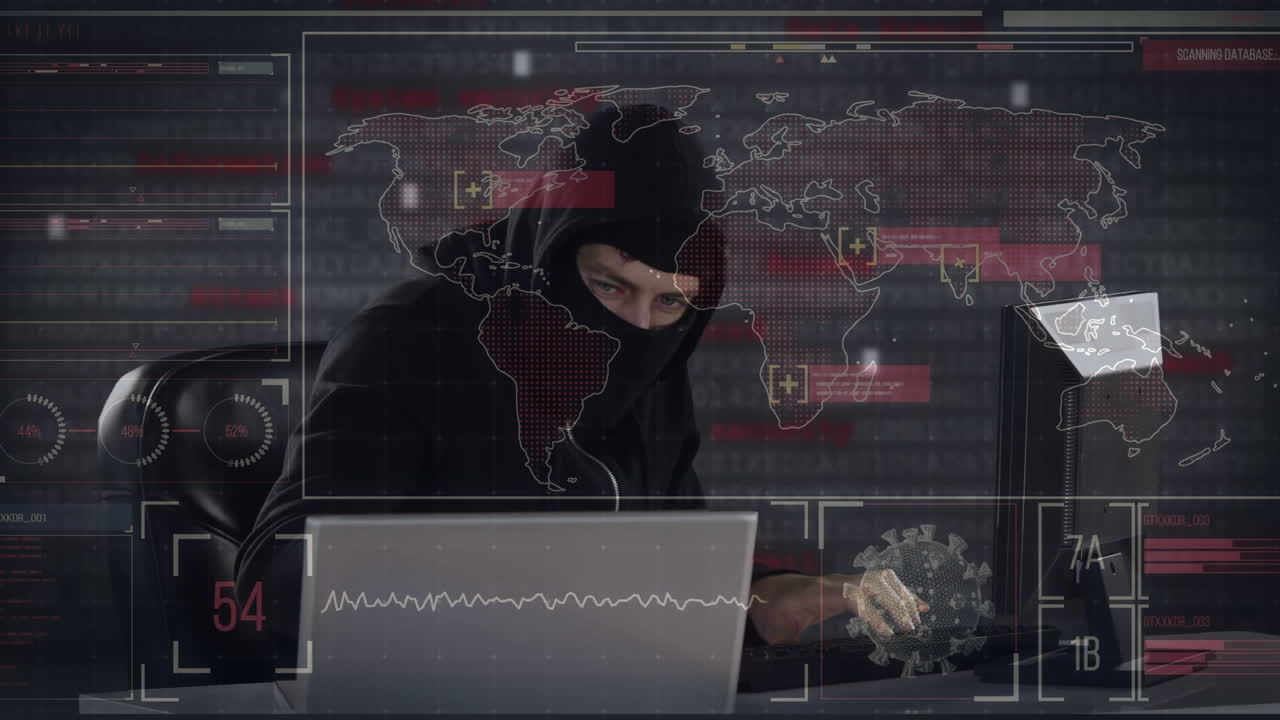 animación de un hacker hombre encapuchado en dos viajeros y un mapa del mundo marcas con zonas rojas