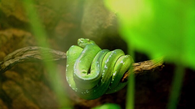 Vivid green tree snake in a terrarium curled up on a branch at the Berlin zoo